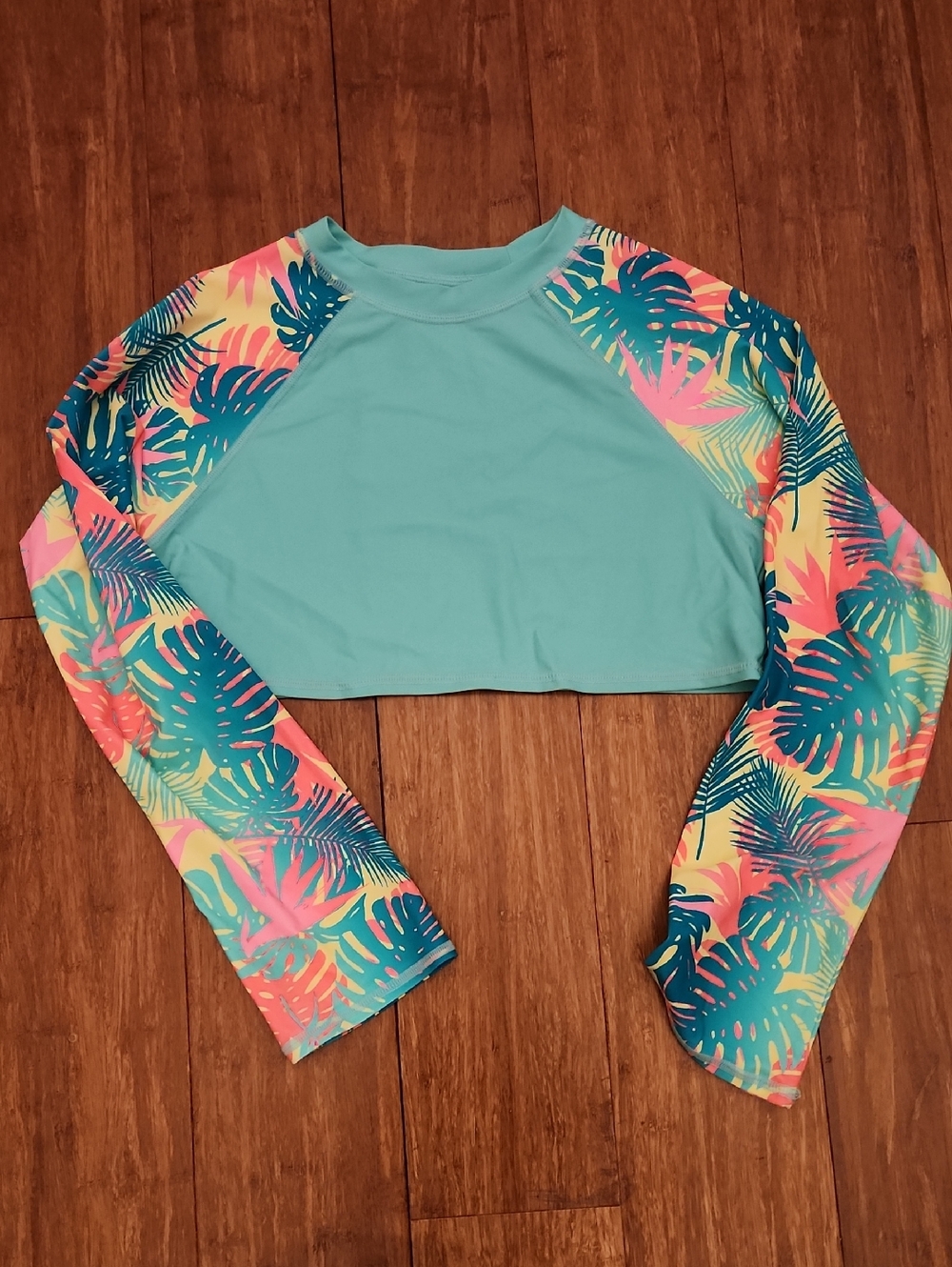 Arizona Jean Company Girls Teal Crop Rashguard with Tropical Multi-Color Sleeves